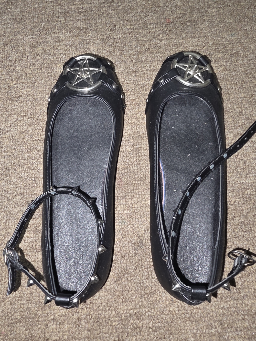 Black Women's Pentagram Ballet Flats with Studded Ankle Straps
